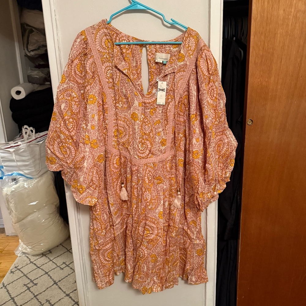Anthropologie Floral Paisley Dress in Pink and Gold